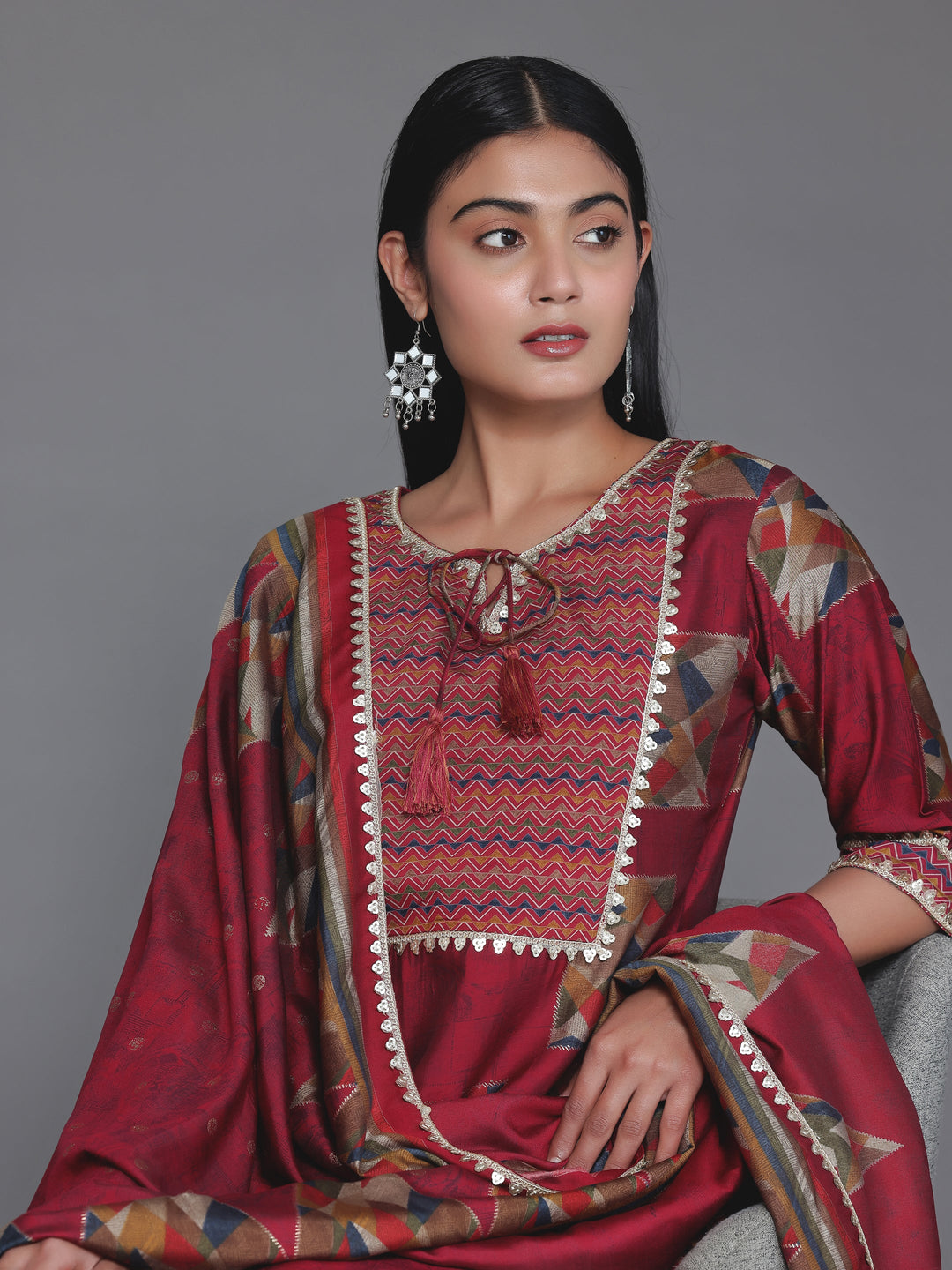 Maroon Printed Silk Blend Straight Suit With Dupatta