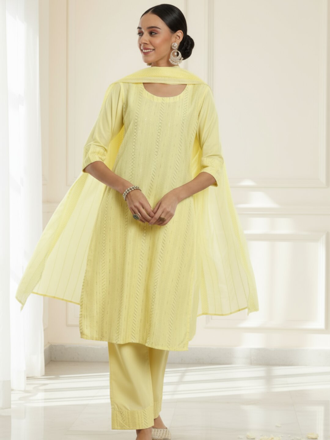 Yellow Self Design Silk Blend Straight Suit With Dupatta