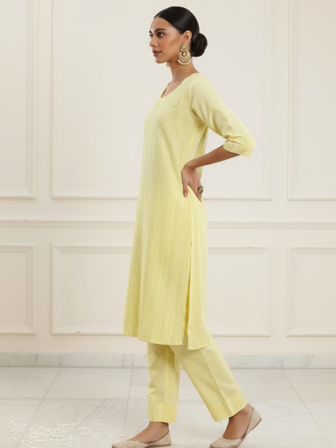 Yellow Self Design Silk Blend Straight Suit With Dupatta