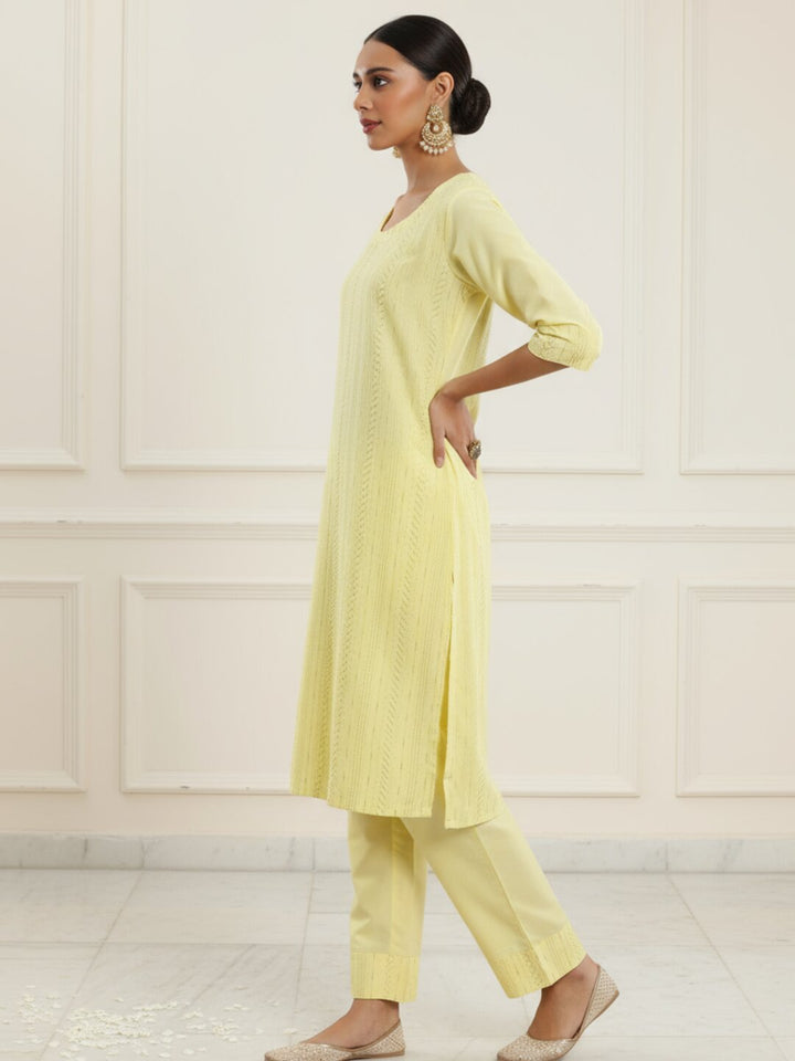 Yellow Self Design Silk Blend Straight Suit With Dupatta