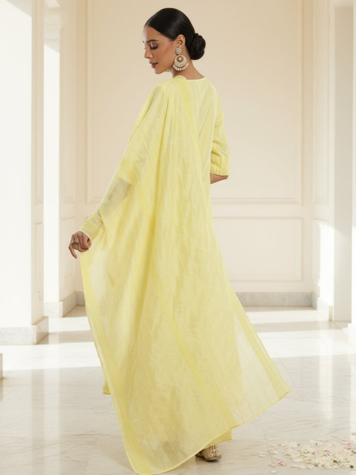 Yellow Self Design Silk Blend Straight Suit With Dupatta
