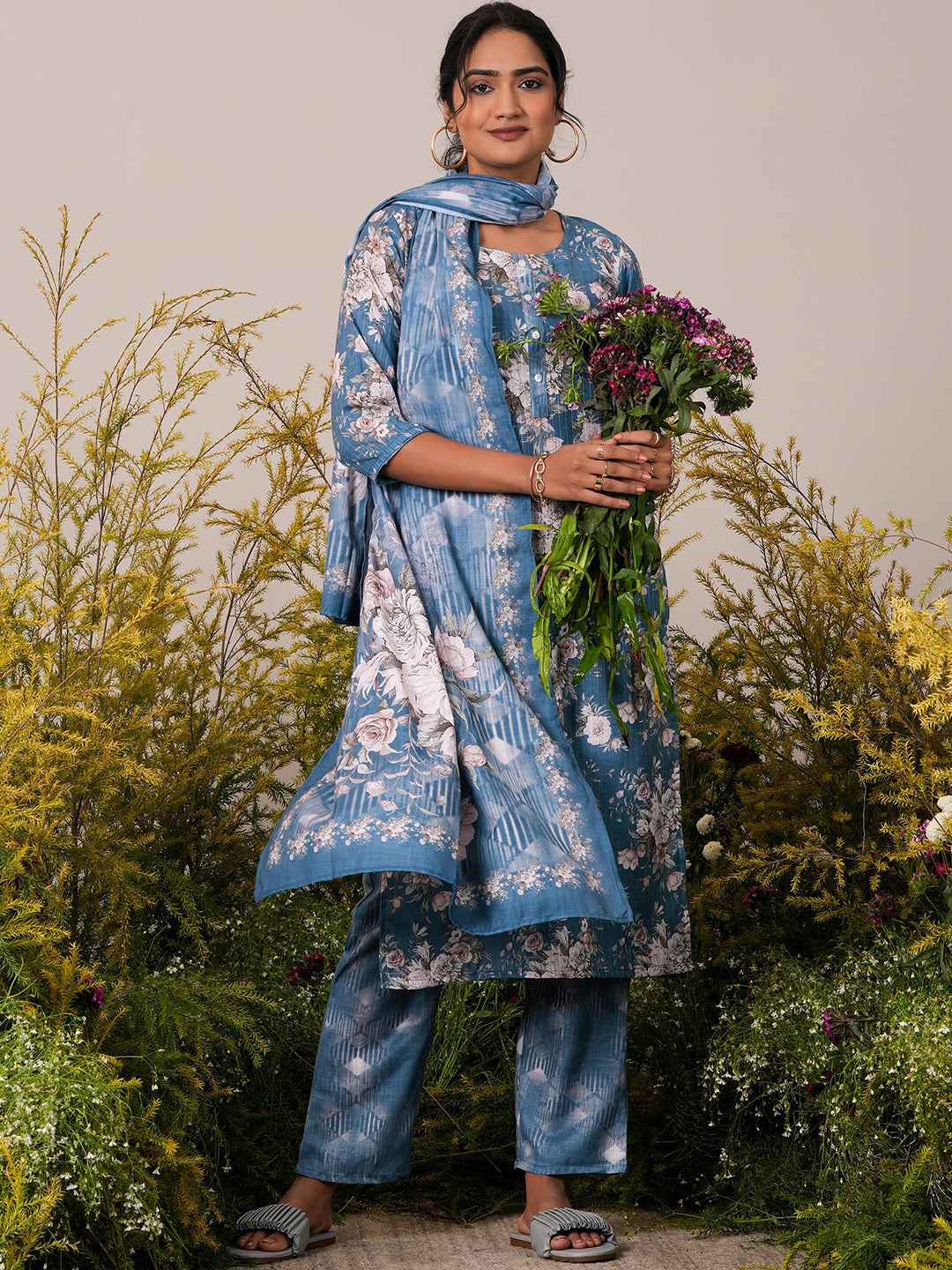 Blue Printed Cotton Straight Kurta With Trousers & Dupatta - ShopLibas