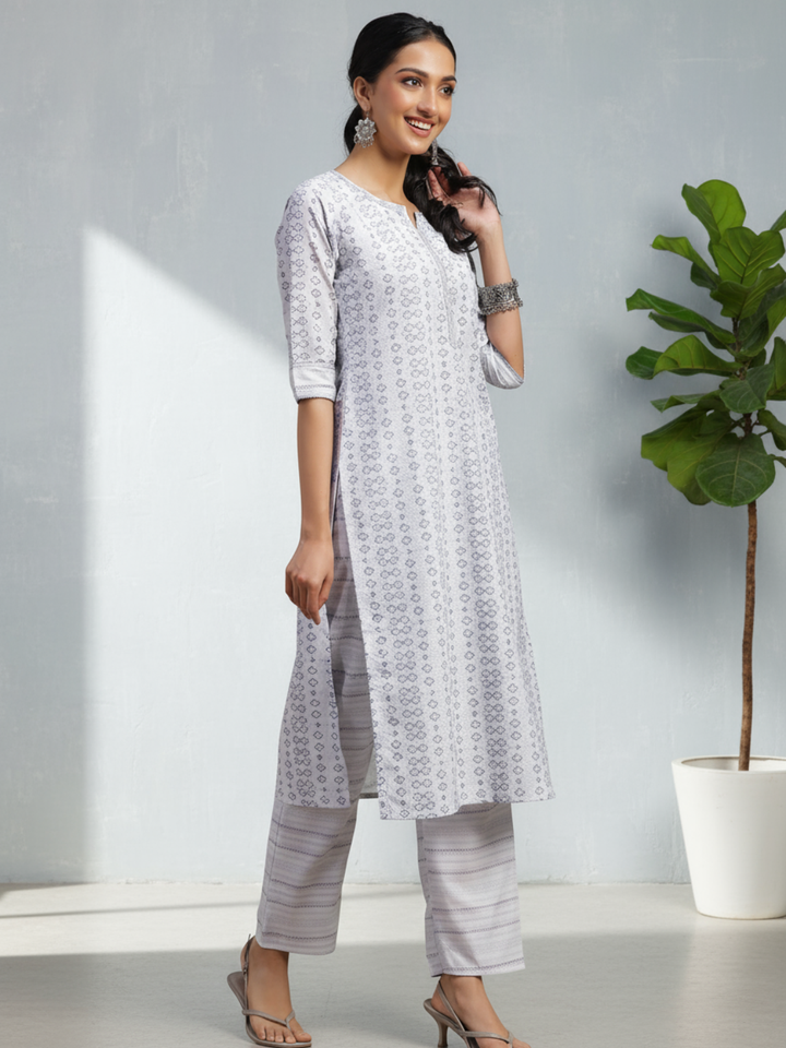 Grey Embroidered Cotton Blend Straight Suit With Dupatta