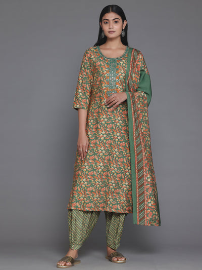 Green Printed Silk Blend Straight Suit With Dupatta