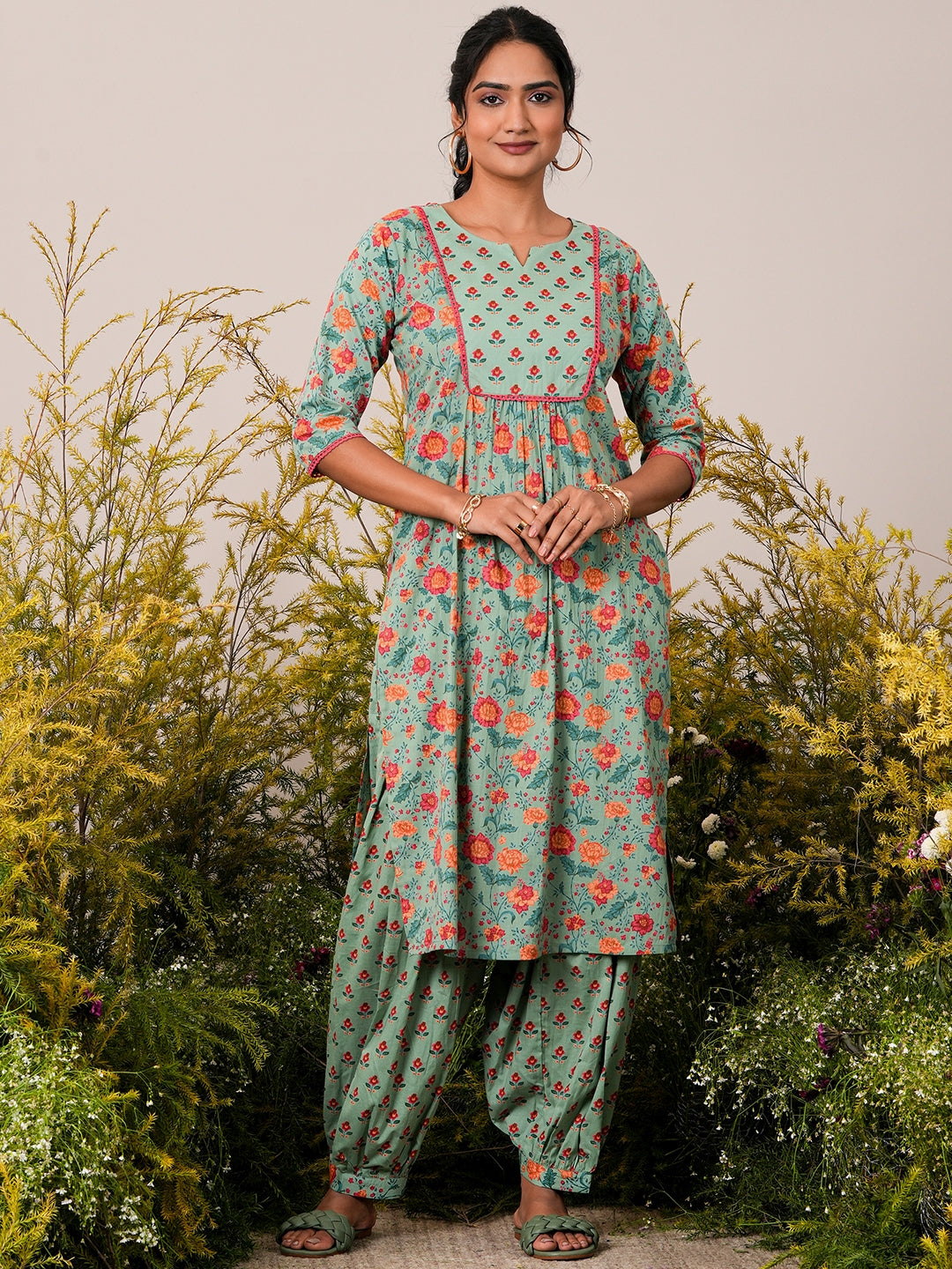 Green Printed Cotton Straight Kurta With Salwar - ShopLibas