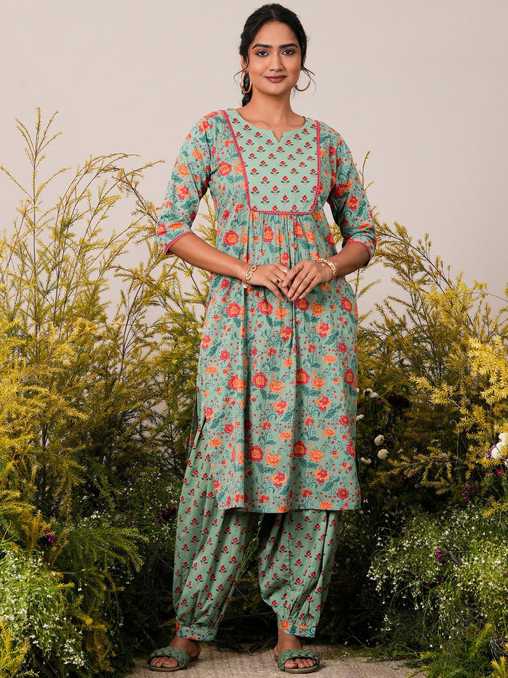 Green Printed Cotton Straight Kurta With Salwar - ShopLibas