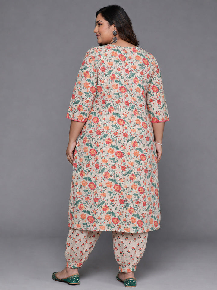 Plus Size Beige Printed Cotton Straight Kurta Set