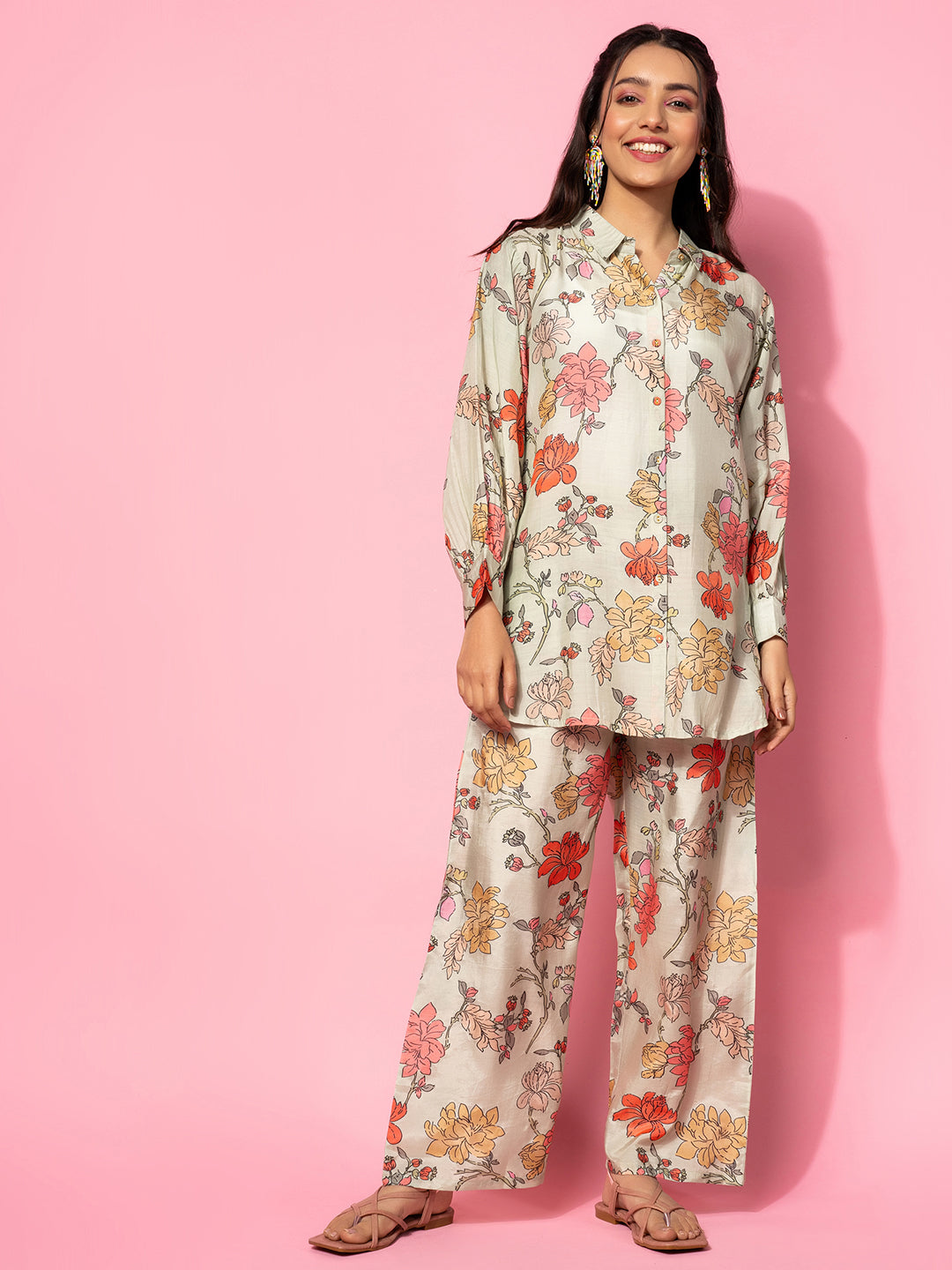 Green Printed Silk Blend Co-Ords