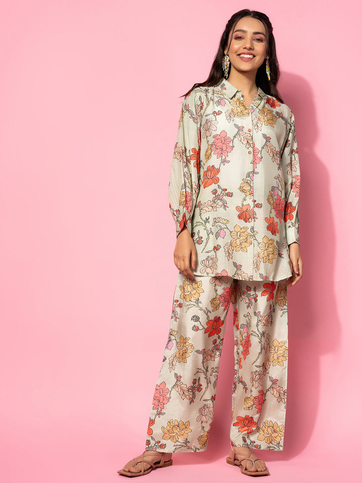 Green Printed Silk Blend Co-Ords