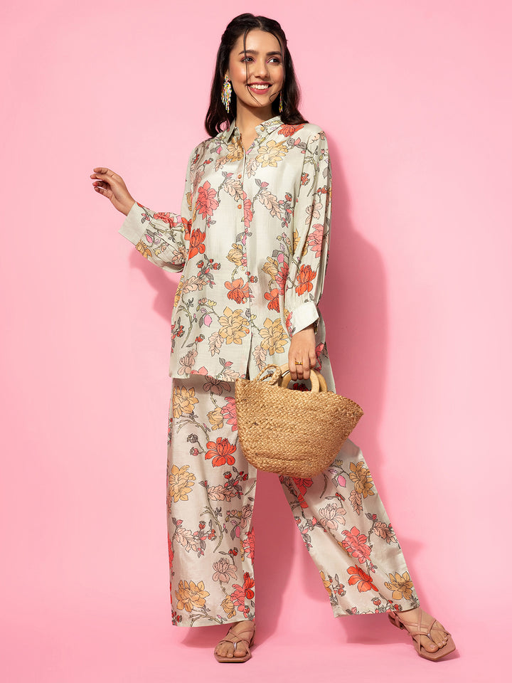 Green Printed Silk Blend Co-Ords