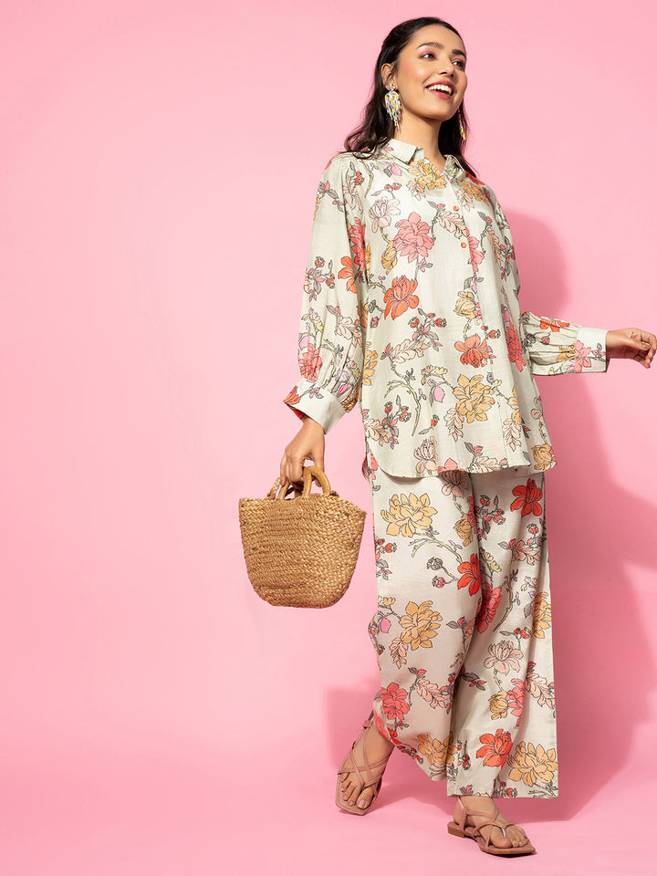 Green Printed Silk Blend Co-Ords