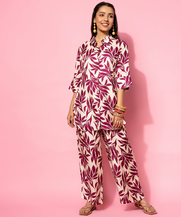 Beige Printed Silk Blend Co-Ords