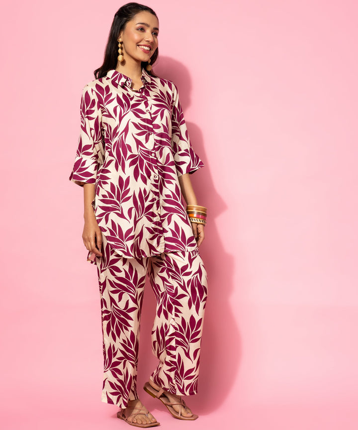 Beige Printed Silk Blend Co-Ords