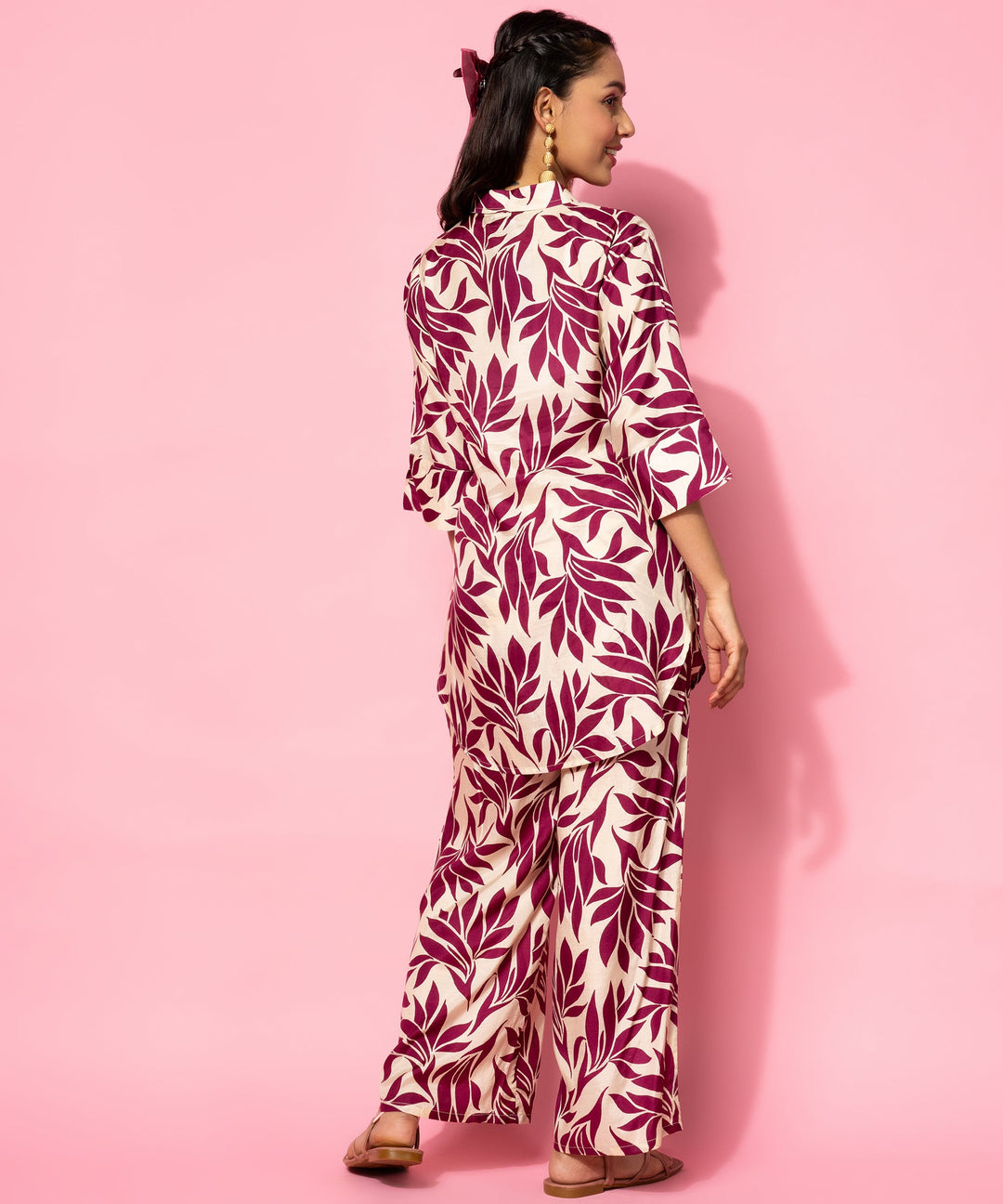Beige Printed Silk Blend Co-Ords