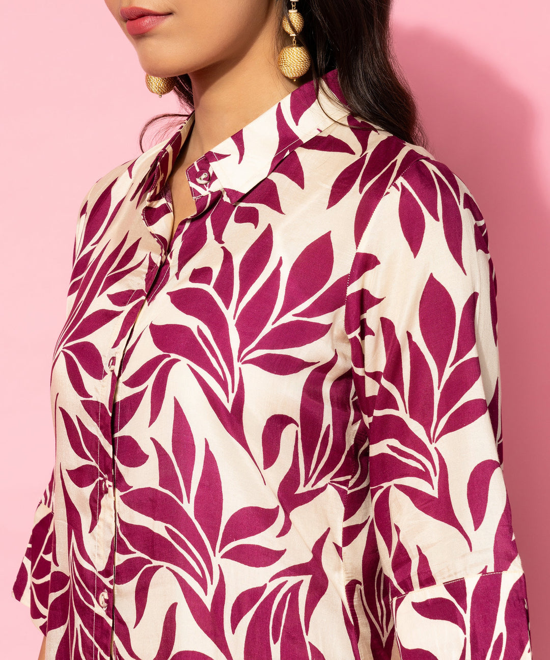 Beige Printed Silk Blend Co-Ords