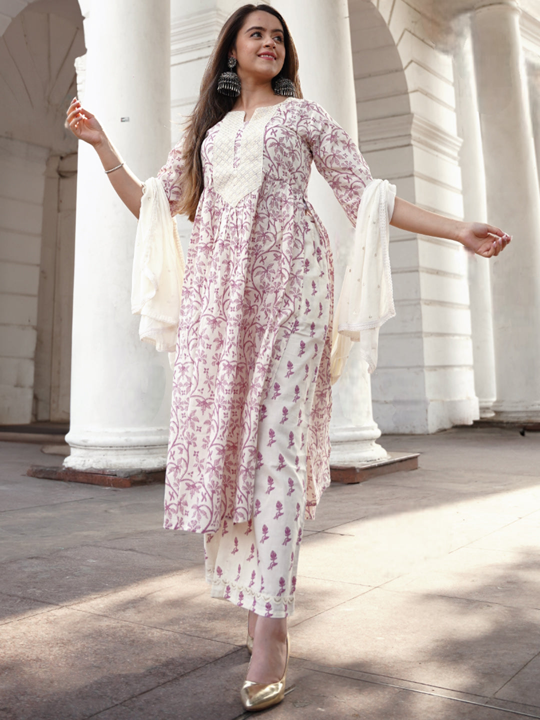 Cream Printed Cotton A-Line Kurta With Palazzos & Dupatta