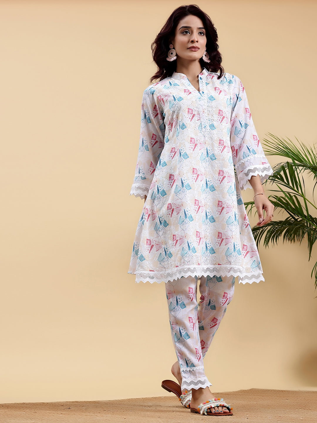 Cream Printed Cotton A-Line Kurta With Trousers