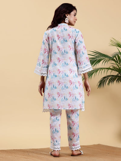 Cream Printed Cotton A-Line Kurta With Trousers