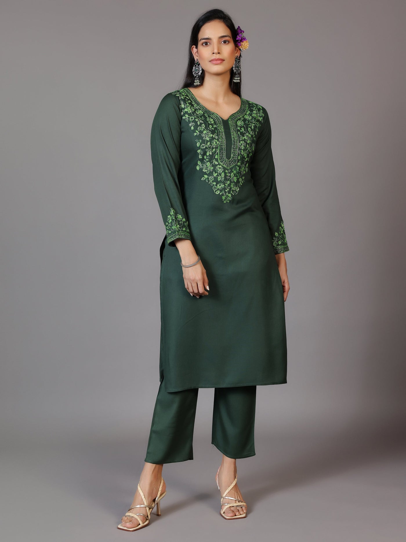 Green Yoke Design Wool Blend Straight Kurta Set