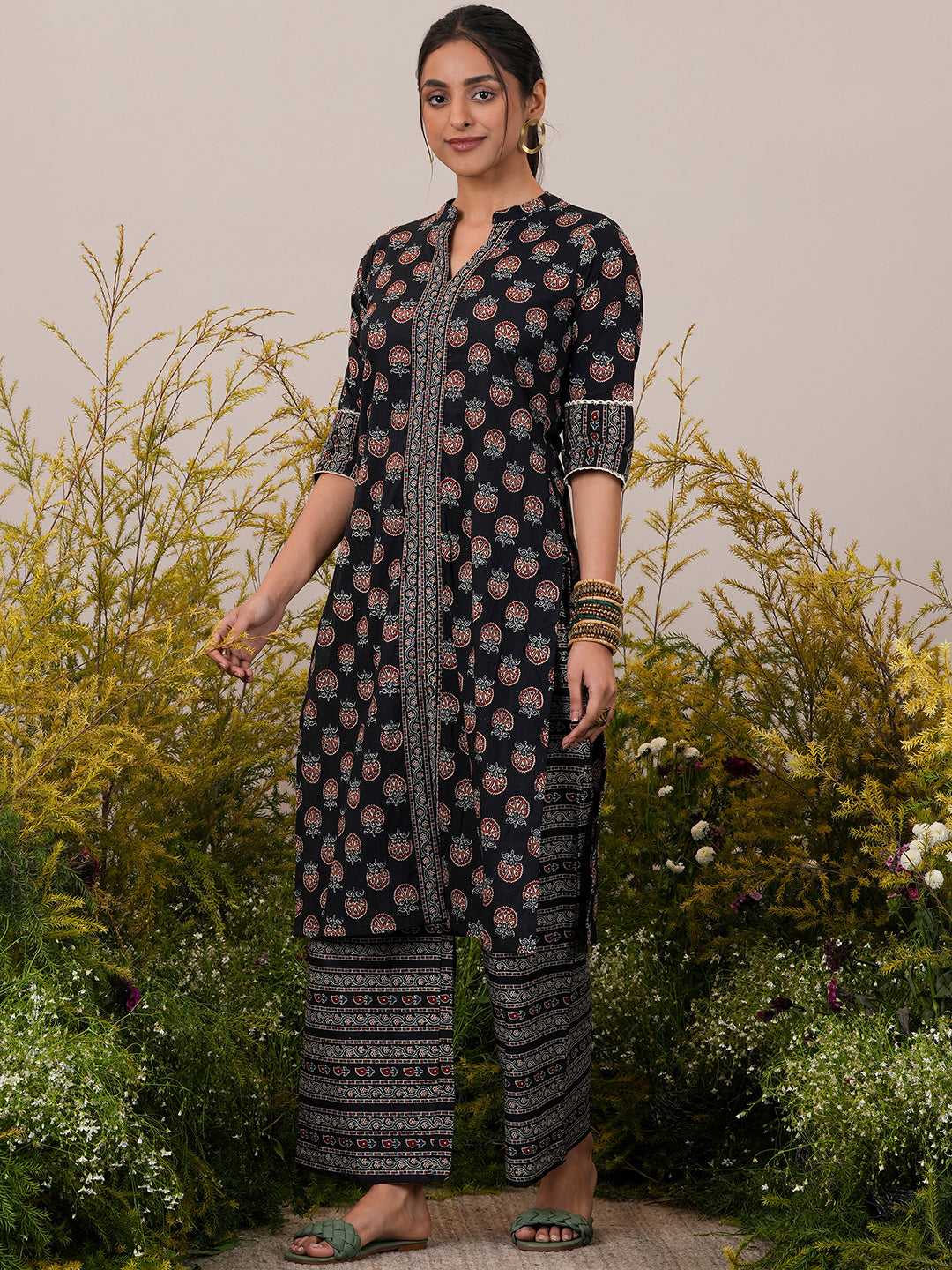 Black Printed Cotton Straight Kurta With Palazzos & Dupatta - ShopLibas 