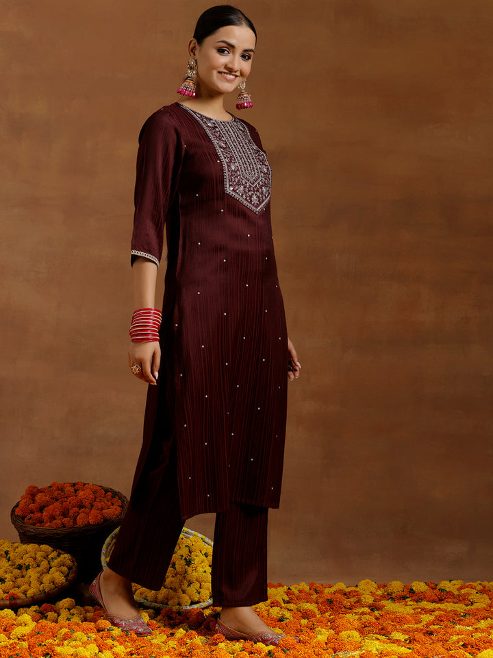 Maroon Embroidered Silk Blend Straight Kurta Set
