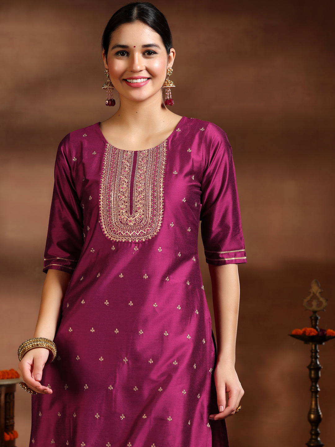 Pink Embroidered Silk Blend Straight Suit With Dupatta