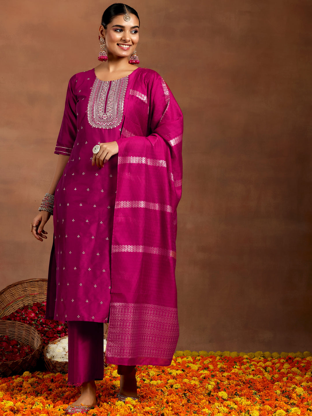 Pink Embroidered Silk Blend Straight Suit With Dupatta