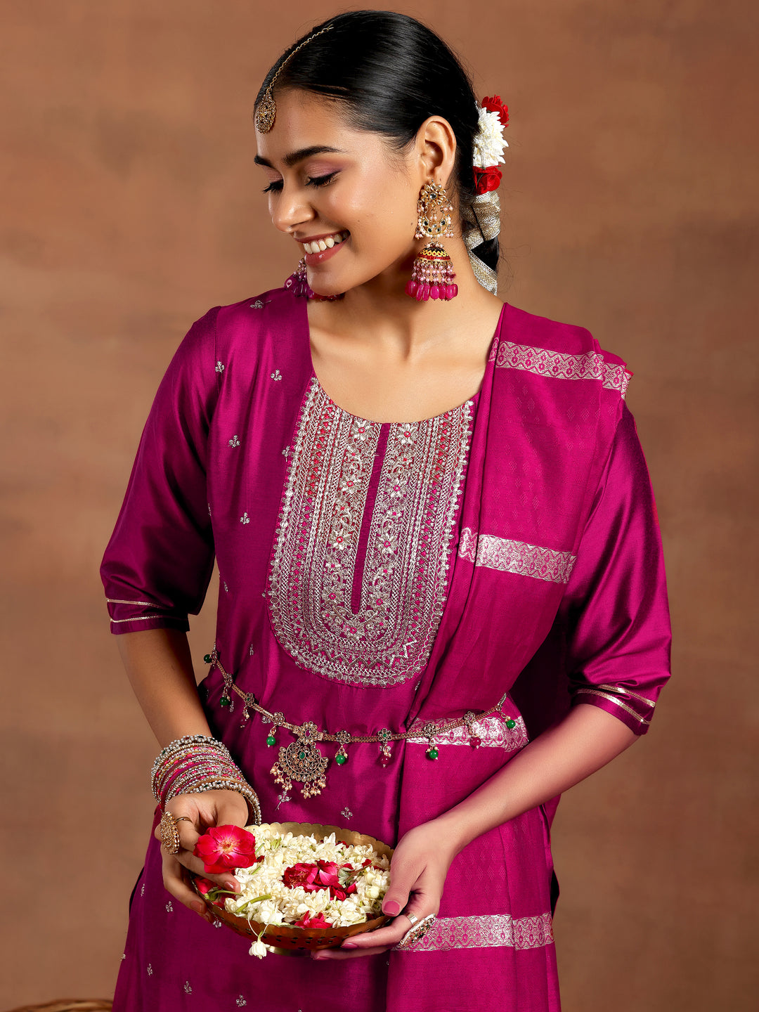 Pink Embroidered Silk Blend Straight Suit With Dupatta