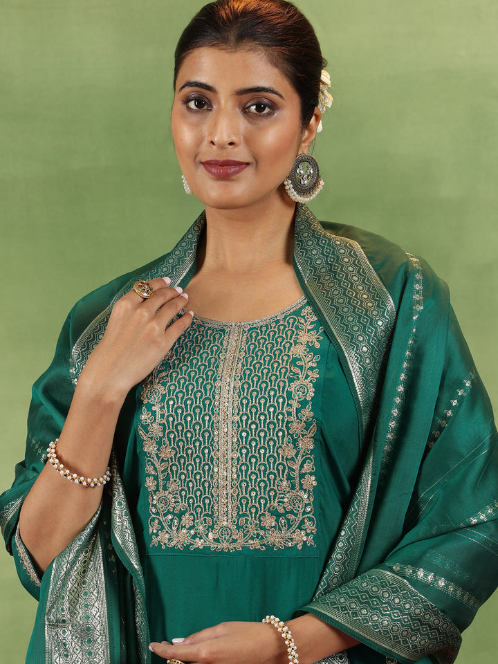 Green Yoke Design Silk Blend Straight Suit With Dupatta