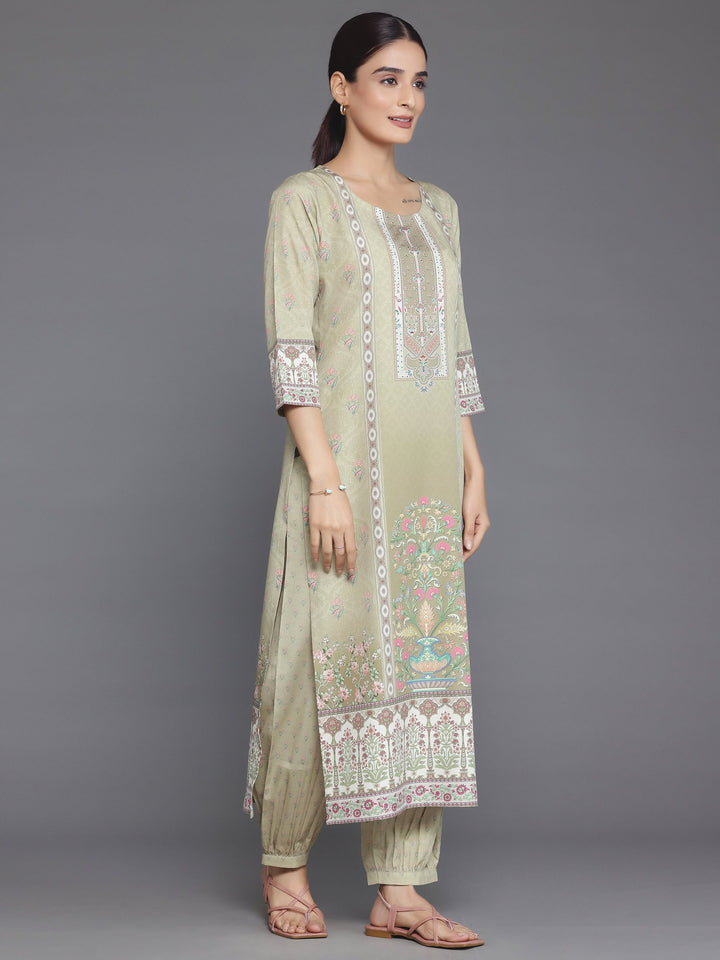 Olive Printed Crepe Straight Suit With Dupatta