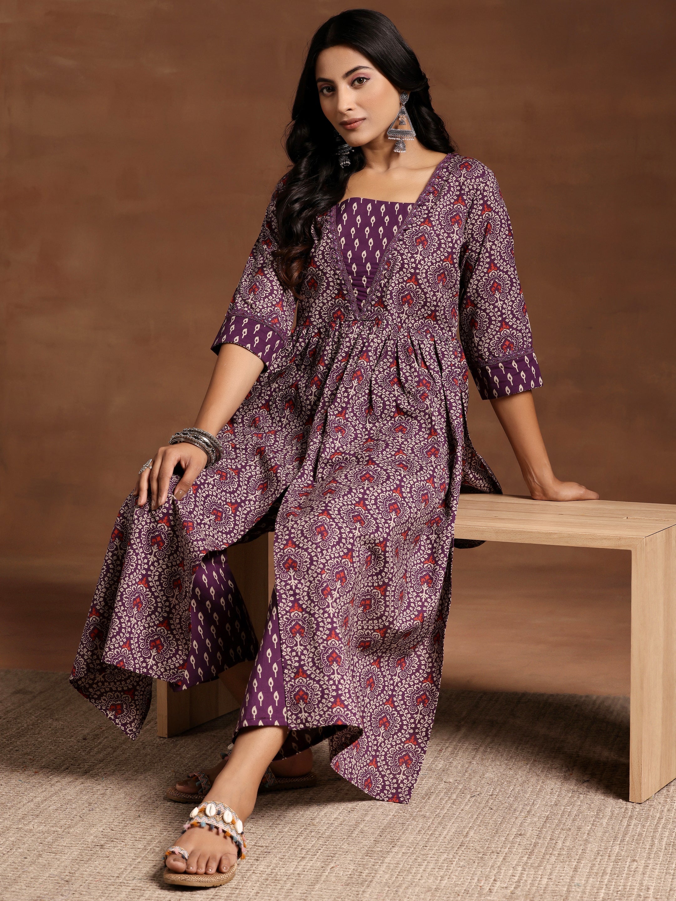 Buy Purple Printed Cotton A-Line Kurta With Palazzos Online at $30.00 ...