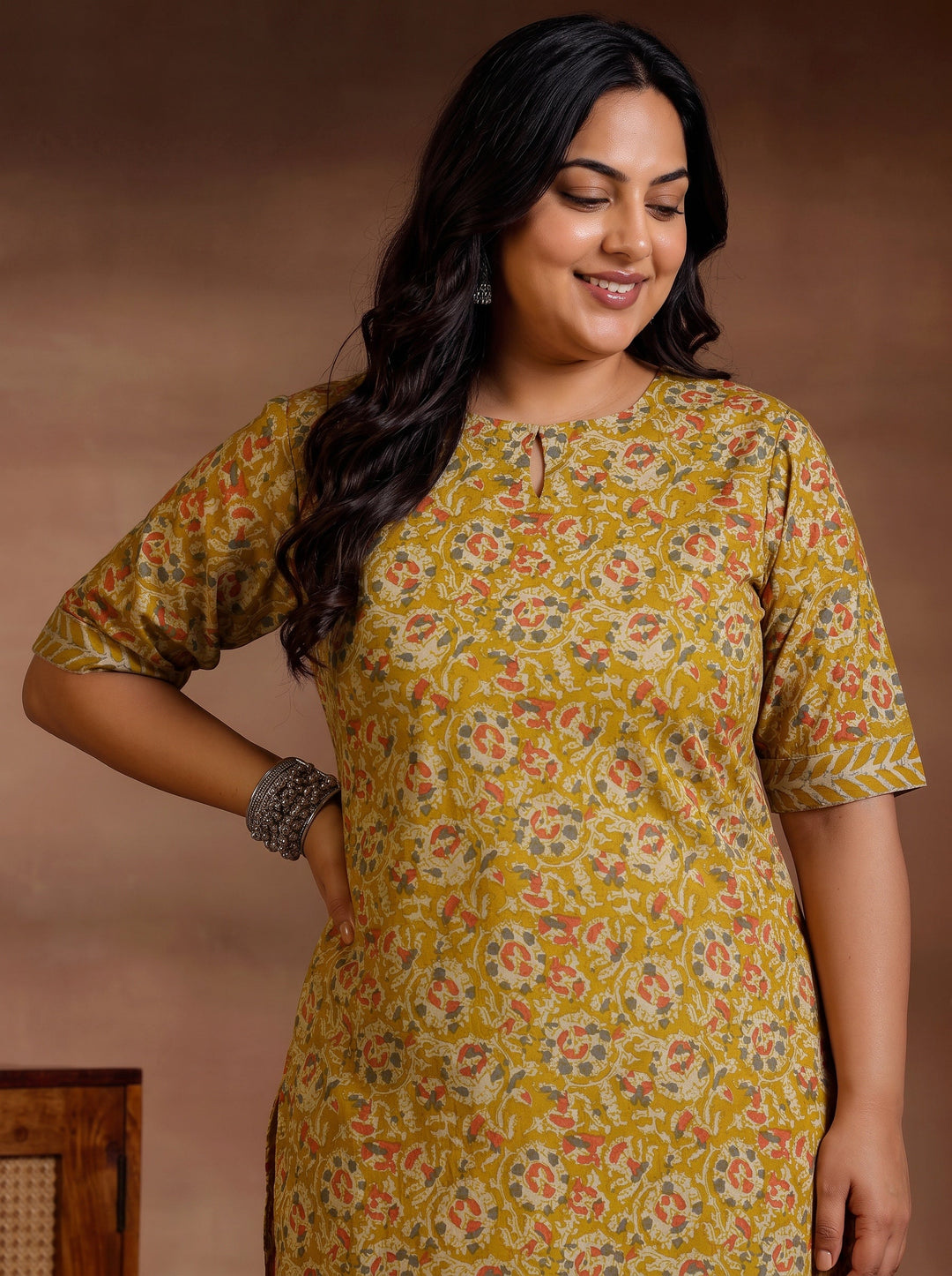 Plus Size Mustard Printed Cotton Straight Kurta Set