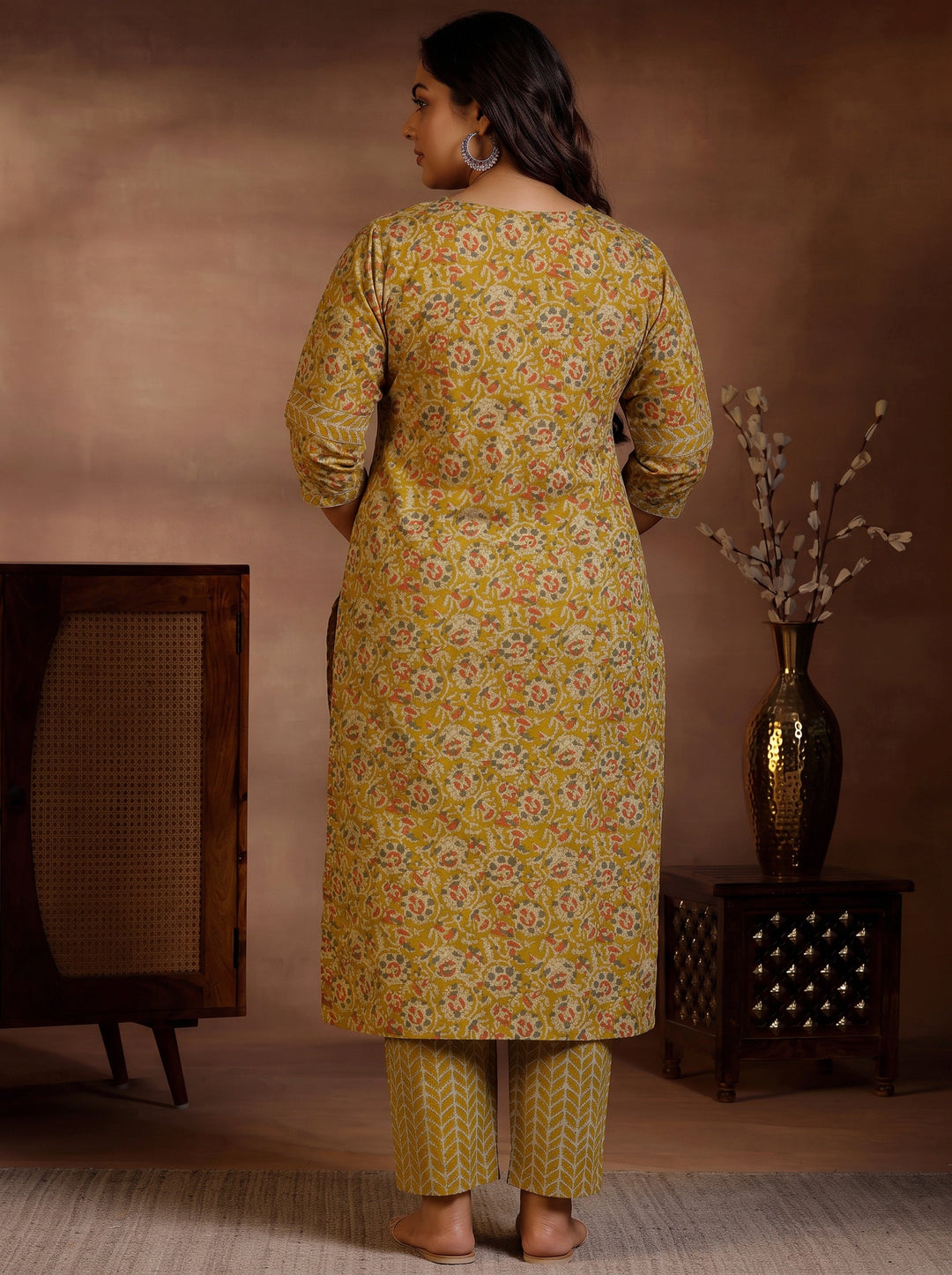 Plus Size Mustard Printed Cotton Straight Kurta Set