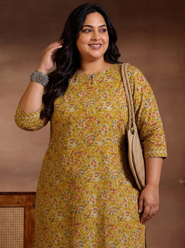 Plus Size Mustard Printed Cotton Straight Kurta Set