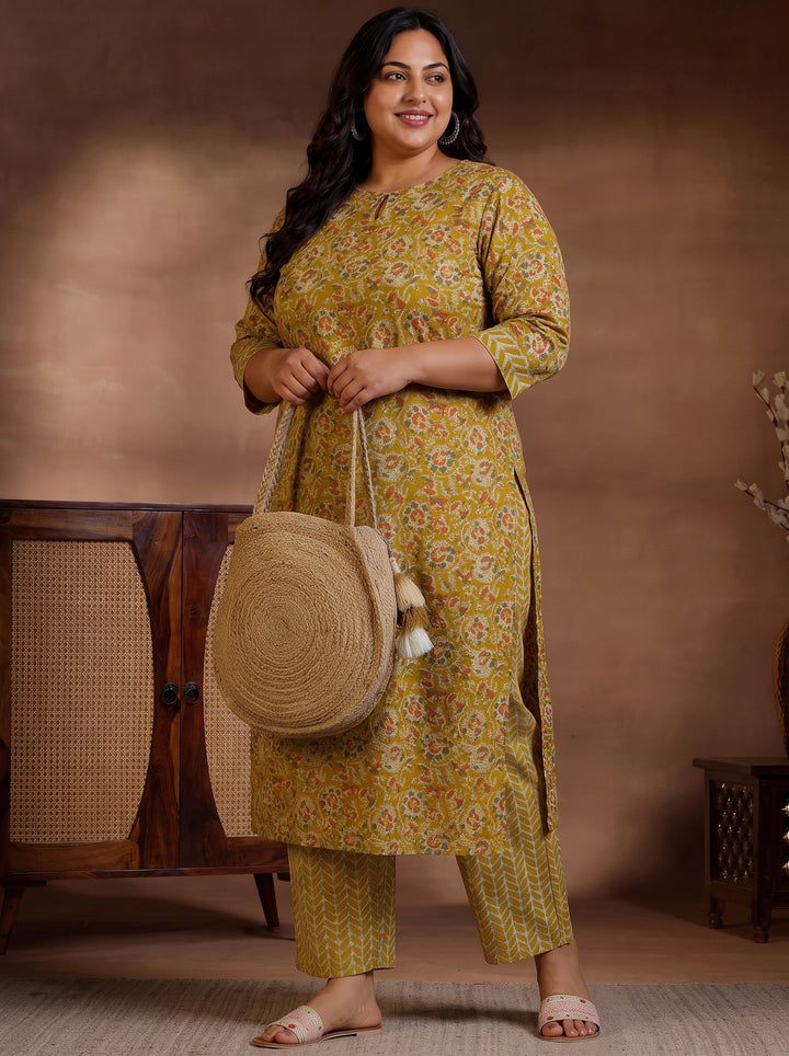 Plus Size Mustard Printed Cotton Straight Kurta Set
