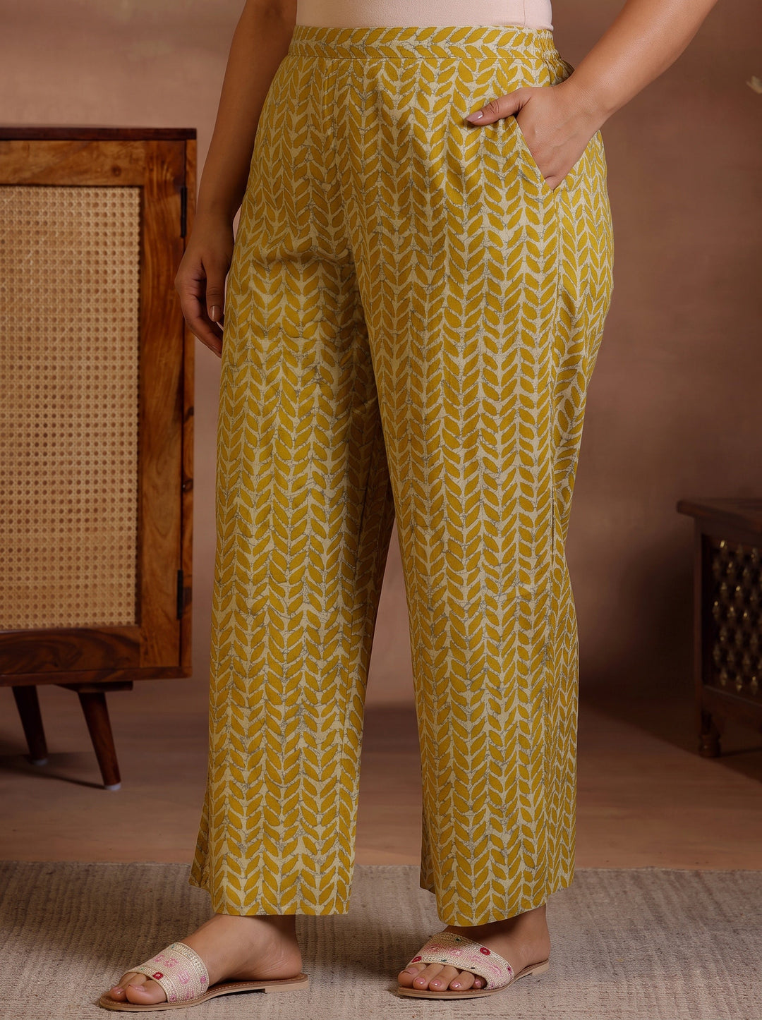 Plus Size Mustard Printed Cotton Straight Kurta Set