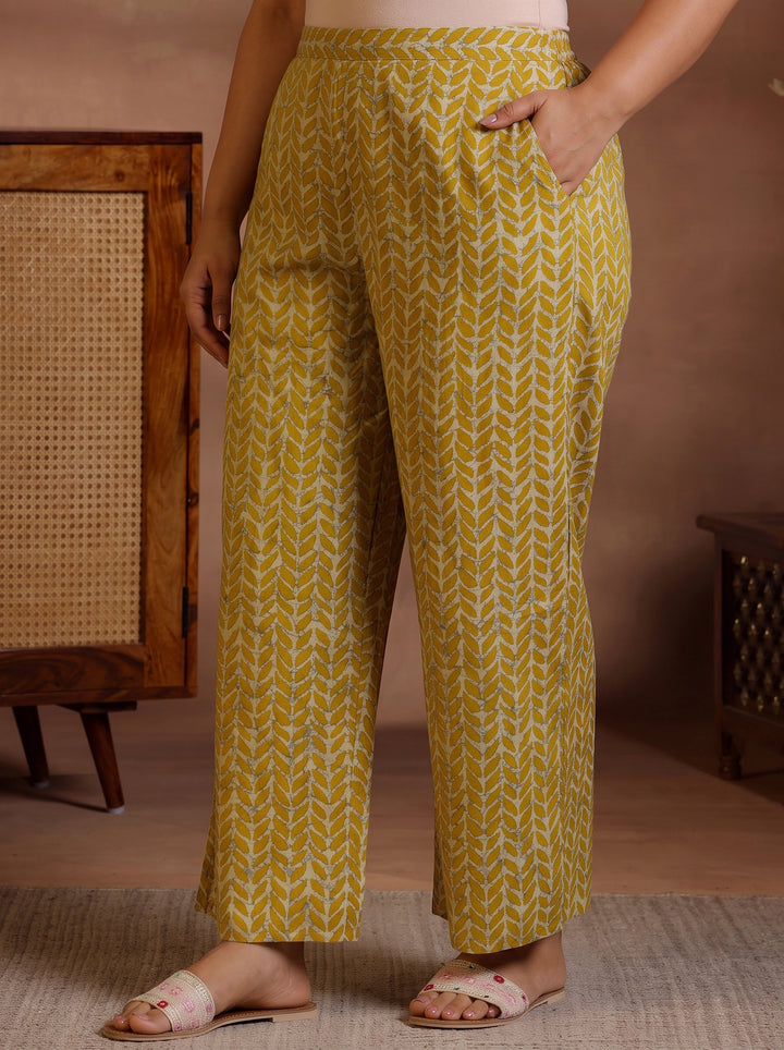 Plus Size Mustard Printed Cotton Straight Kurta Set