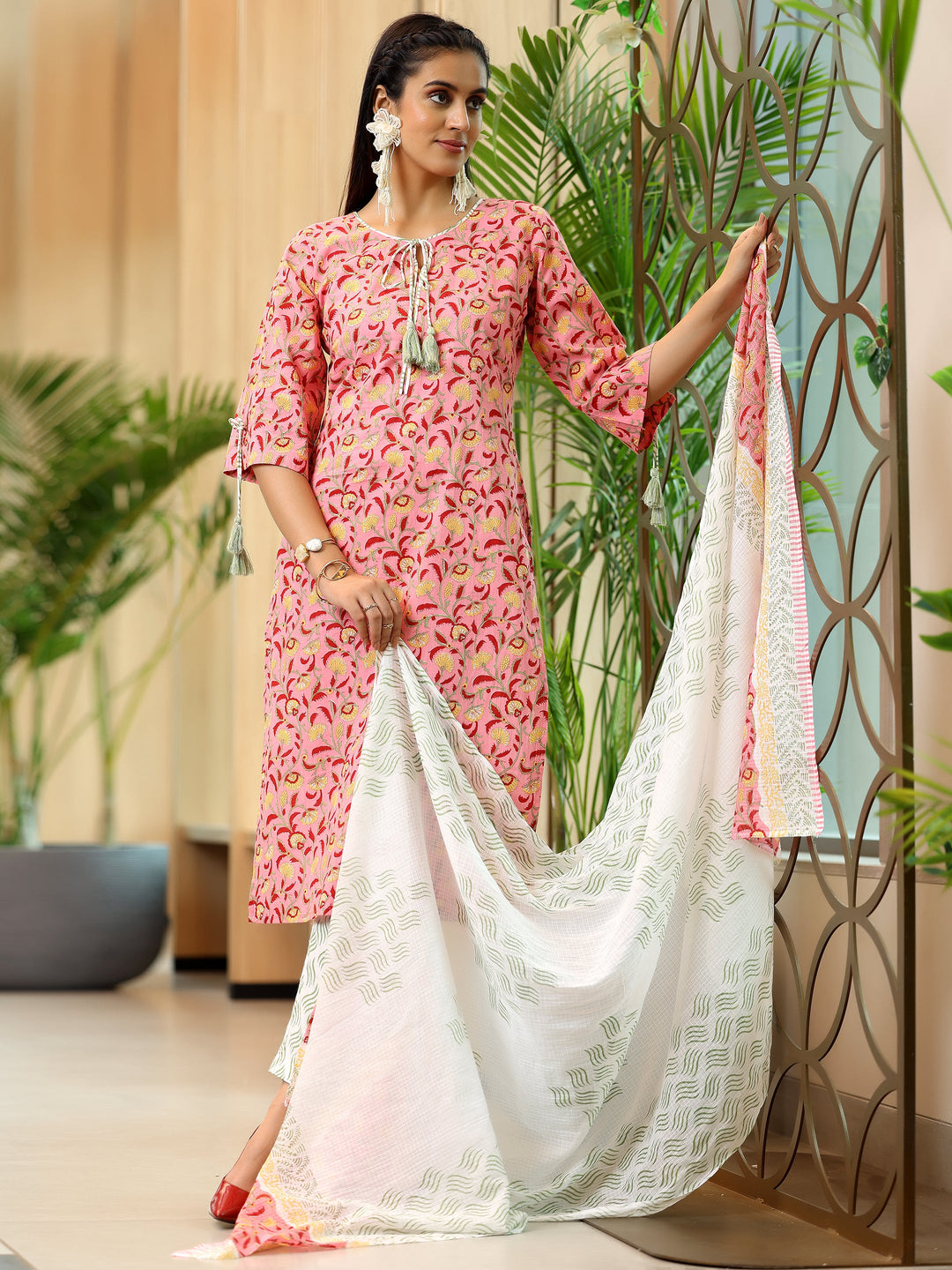 Peach Printed Cotton Straight Suit With Dupatta
