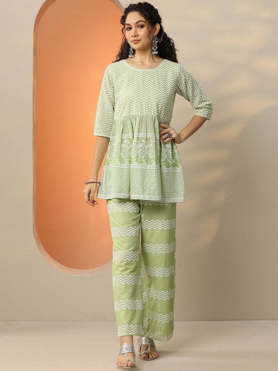 Green Embroidered Cotton Co-Ords