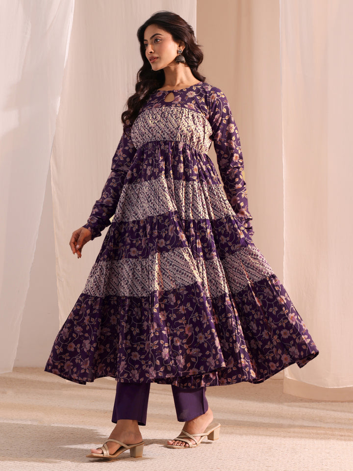 Purple Printed Cotton A-Line Kurta With Churidar & Dupatta