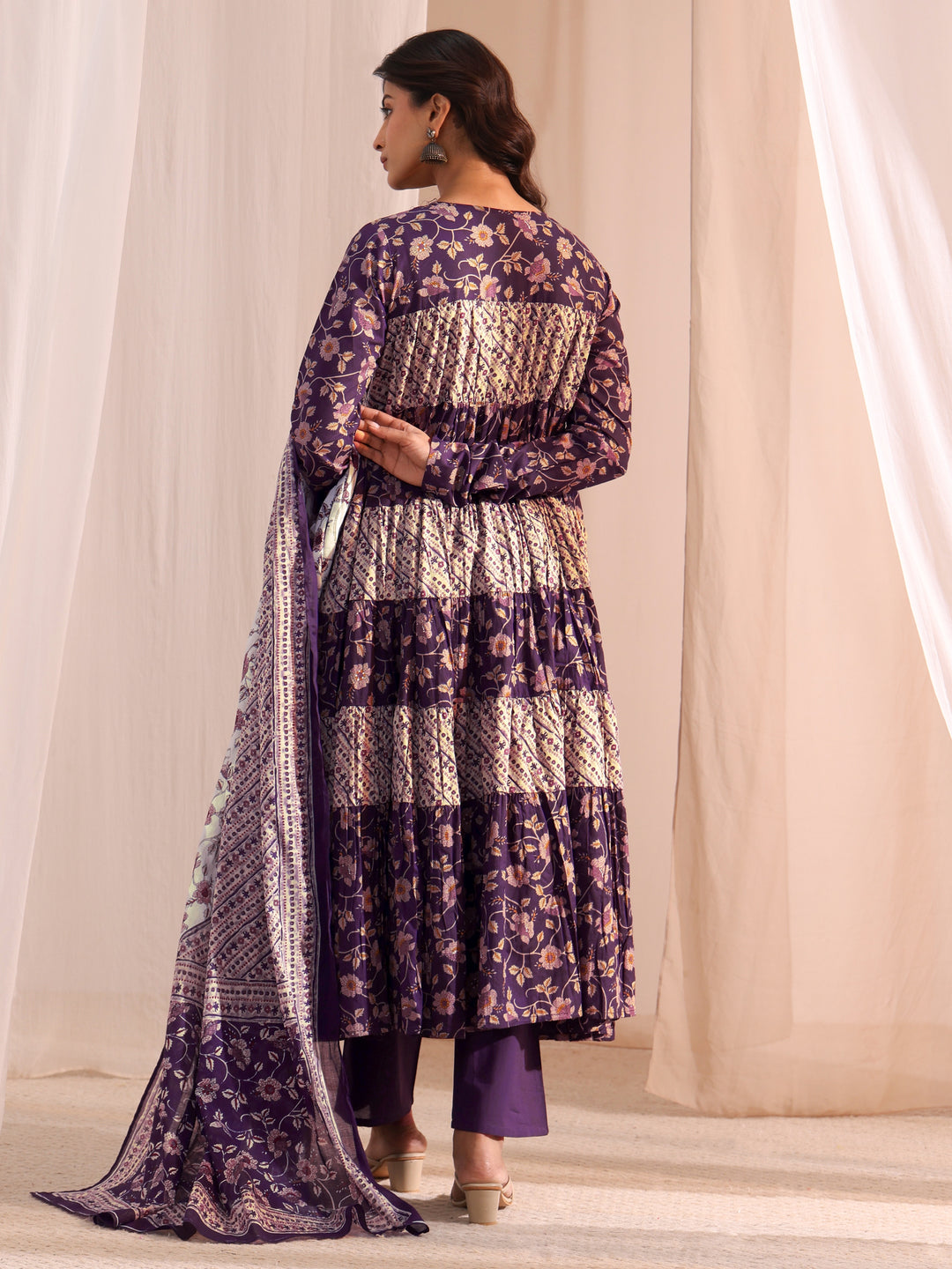 Purple Printed Cotton A-Line Kurta With Churidar & Dupatta