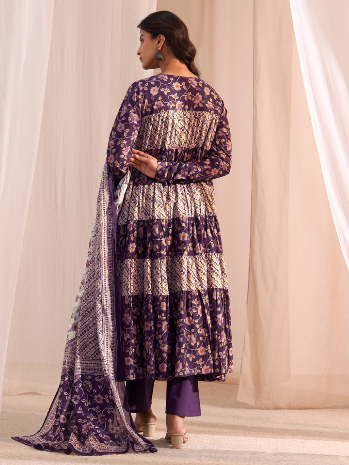 Purple Printed Cotton A-Line Kurta With Churidar & Dupatta