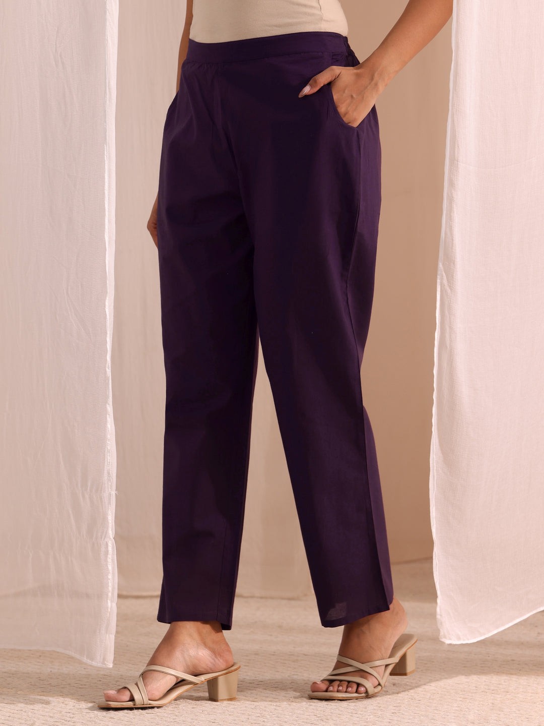 Purple Printed Cotton A-Line Kurta With Churidar & Dupatta