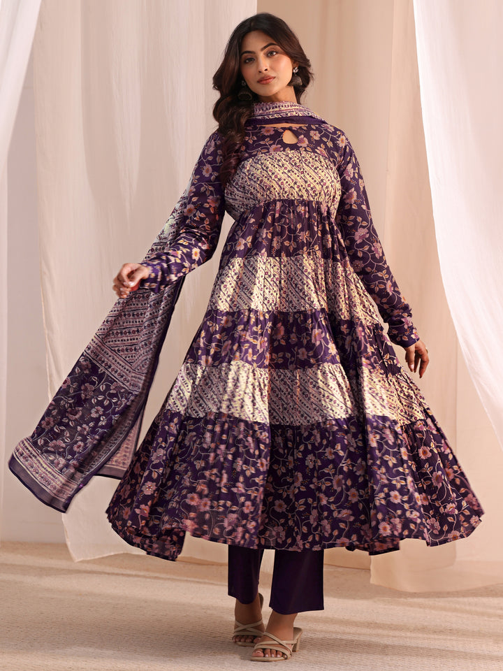 Purple Printed Cotton A-Line Kurta With Churidar & Dupatta