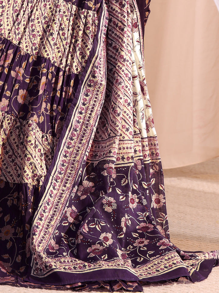 Purple Printed Cotton A-Line Kurta With Churidar & Dupatta