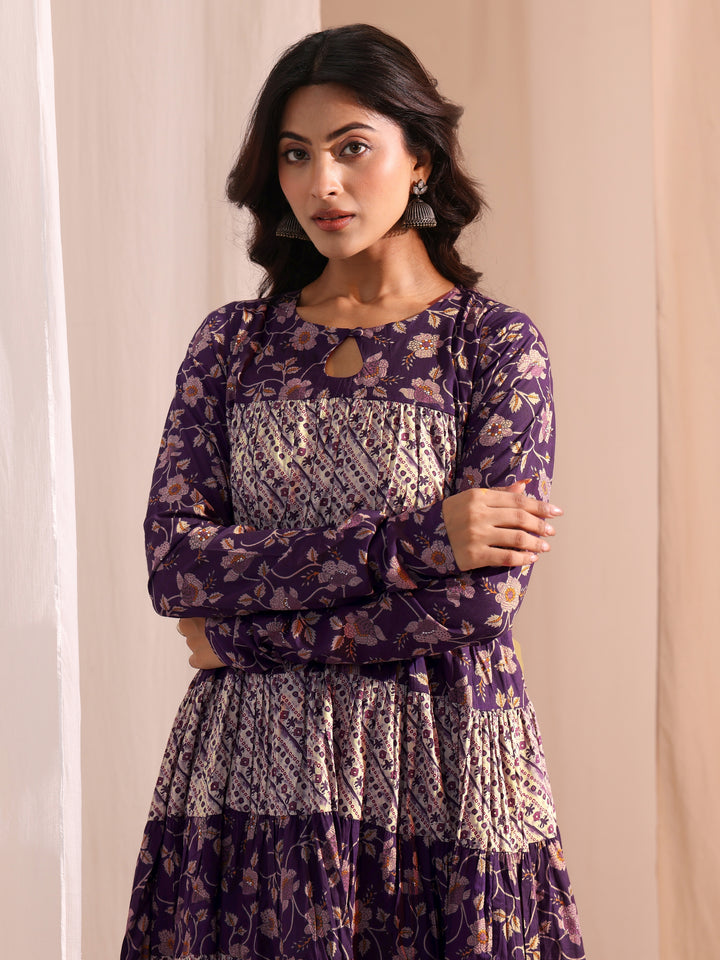 Purple Printed Cotton A-Line Kurta With Churidar & Dupatta