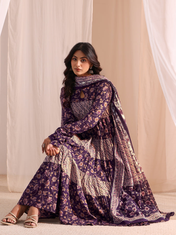 Purple Printed Cotton A-Line Kurta With Churidar & Dupatta