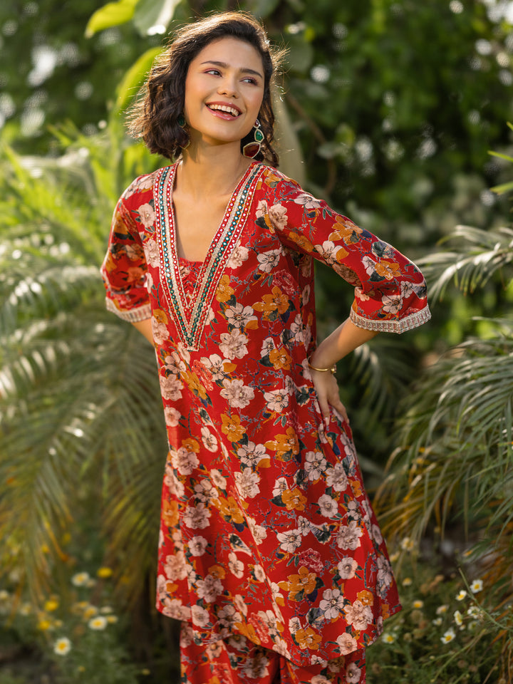 Red Printed Silk Blend Co-Ords