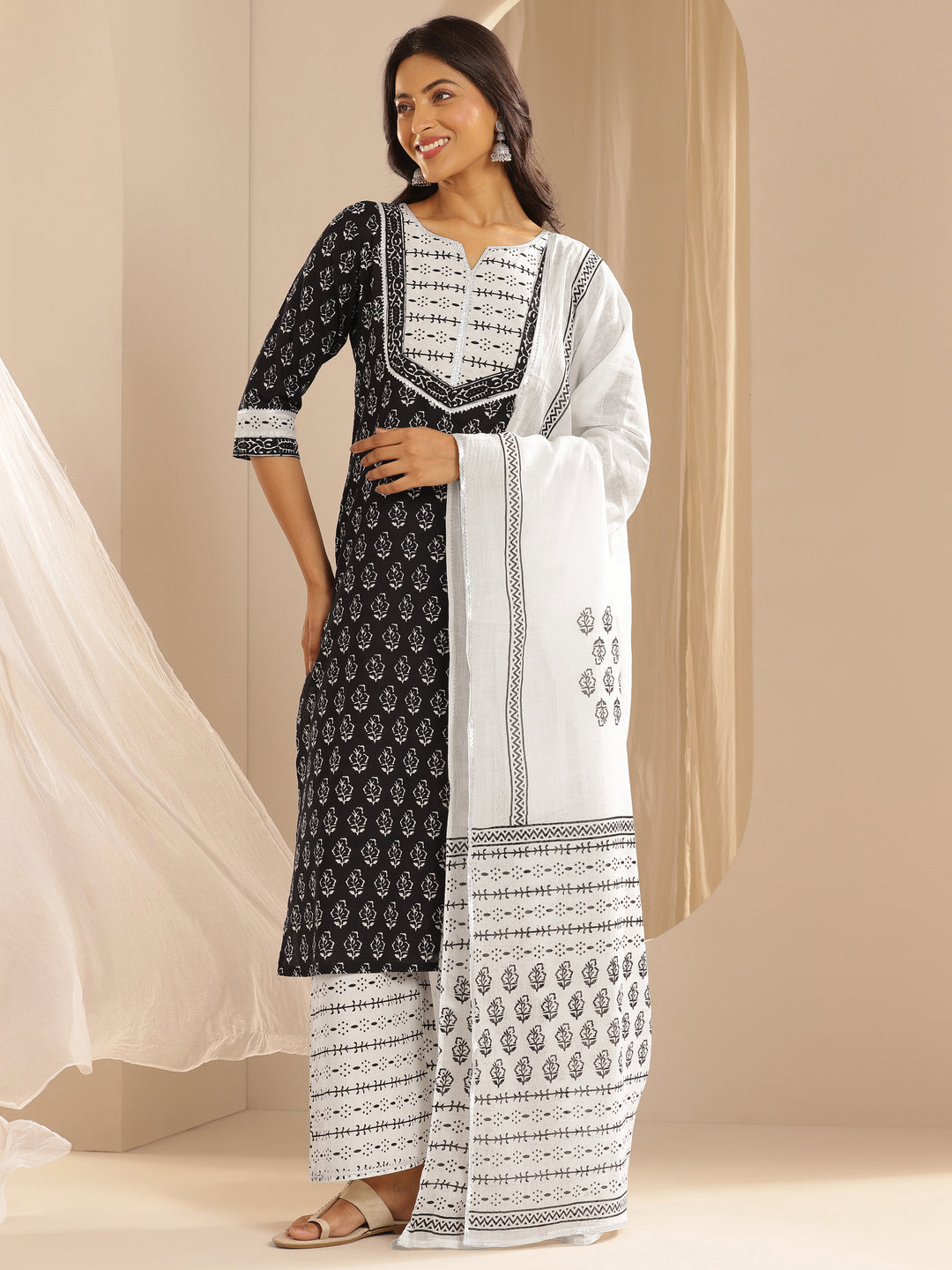 Monochrome Printed Cotton Straight Suit With Dupatta