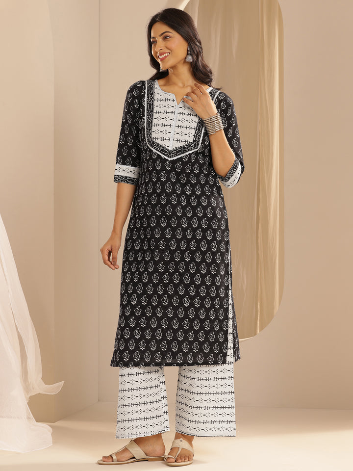Monochrome Printed Cotton Straight Suit With Dupatta